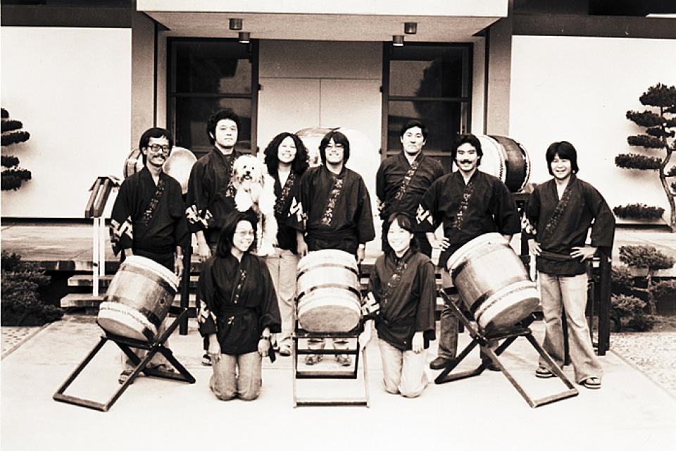 Kinnara Taiko, Senshin Buddhist Temple, Los Angeles, 1978. Kinnara Taiko was founded by Reverend Masao Kodani and George Abe at Senshin Buddhist Temple in Los Angeles.